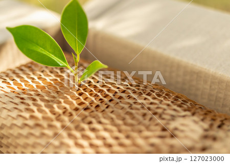 Green leaf on eco friendly brown paper honeycomb wrap for product packaging parcel carton box 127023000