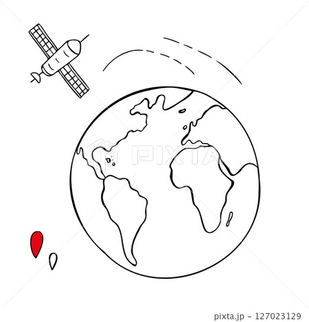 Earth globe, space satellite and location icons vector set line art black ink sketch. Navigation system for communication monochrome flat for internet, telecom, blogging concept, digital projects. 127023129