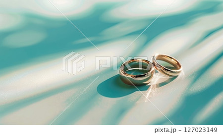 Two silver simple and elegant gold wedding rings on a light blue background. minimalism, horizontal banner, copy space, free space for text Two silver simple and elegant gold wedding rings on a light blue background. minimalism, horizontal banner, copy space, free space for text 127023149