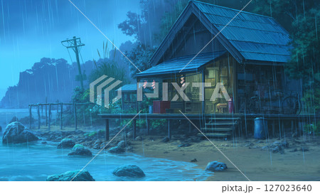 雨の日のビーチハウスの風景、アニメ風 127023640