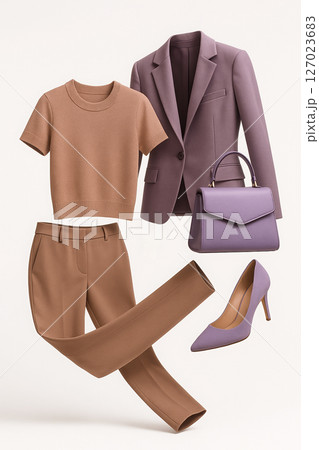 Elegant business outfit with brown top and pants, lavender blazer, heels, and handbag 127023683