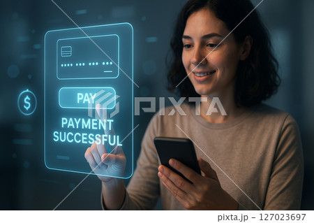 Happy woman using smartphone to make a successful digital payment through a futuristic holographic screen 127023697