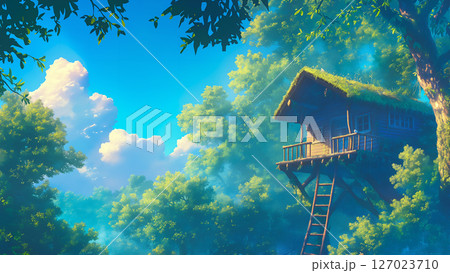 晴れた日の密林の山小屋の風景、アニメ風 晴れた日の密林の山小屋の風景、アニメ風 127023710