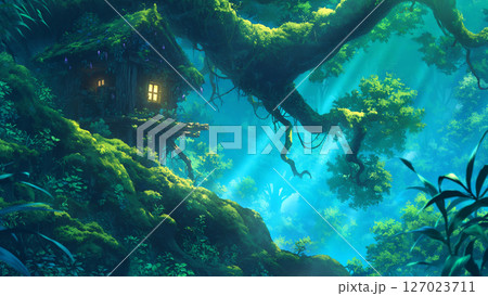 木漏れ日が美しい密林の山小屋の風景、アニメ風 127023711