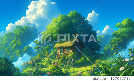 青空と雲の密林の山小屋の風景、アニメ風 127023713