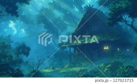 秘境の密林の山小屋の風景、アニメ風 127023715