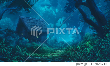 薄暗い密林の山小屋の風景、アニメ風 127023716