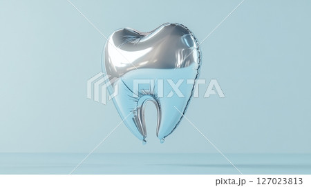 Metallic tooth-shaped balloon floating on light blue background, conceptual art. Creativity and dental health concept 127023813