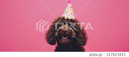 Dog wearing a colorful party hat against pink background 127023815