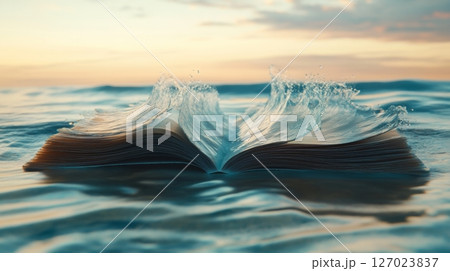 Open book floating on water with waves...のイラスト素材 [127023837] - PIXTA