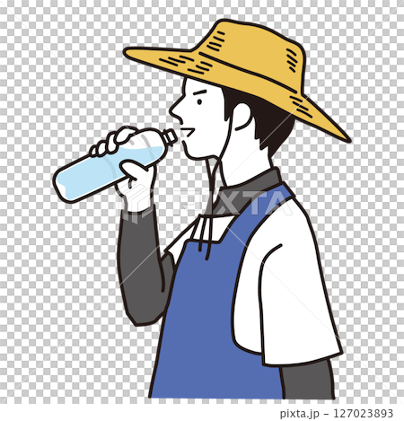 農場工人用塑膠瓶喝水預防中暑的簡單圖示 127023893