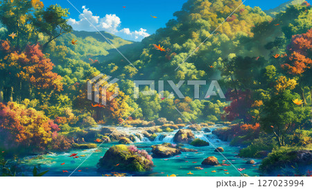 秋の森を流れる川の風景、アニメ風 127023994