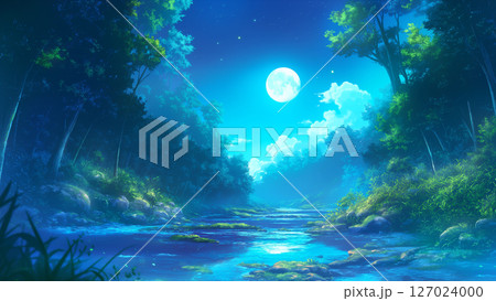 満月の夜の森を流れる川の風景、アニメ風 満月の夜の森を流れる川の風景、アニメ風 127024000