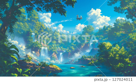 滝と森を流れる川の風景、アニメ風 127024011