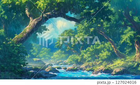 狐の嫁入りの森を流れる川の風景、アニメ風のイラスト素材 [127024016