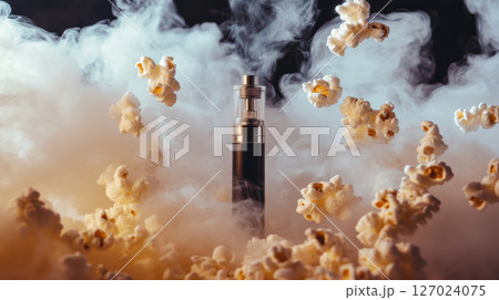Vape surrounded by popcorn and smoke, creative concept. Modern lifestyle and vaping culture 127024075