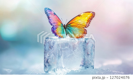 Colorful butterfly perched on ice block in soft focus background 127024076