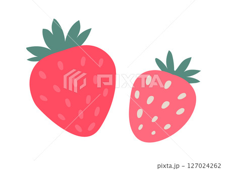 Two pink strawberries with green leaves represent healthy eating, freshness, and the sweetness of summer fruits, perfect for promoting a healthy lifestyle Two pink strawberries with green leaves represent healthy eating, freshness, and the sweetness of summer fruits, perfect for promoting a healthy lifestyle 127024262