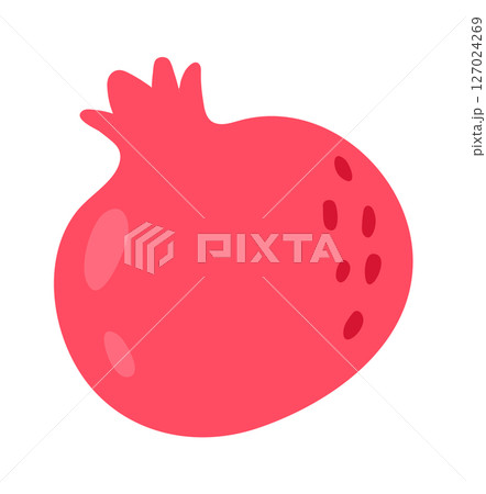 Colorful cartoon drawing of a whole pomegranate fruit featuring a crown, with juicy seeds peeking through its vibrant red and pink skin, set against a clean white background Colorful cartoon drawing of a whole pomegranate fruit featuring a crown, with juicy seeds peeking through its vibrant red and pink skin, set against a clean white background 127024269