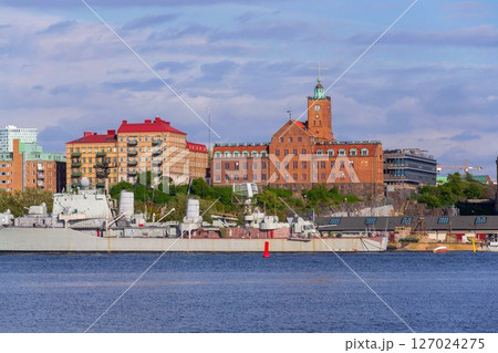 Gothenburg city skyline with HswMS Halland class destroyer Smaland and Navigation school on sunny day, Sweden 127024275
