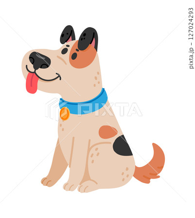 Happy, playful puppy sitting and panting with tongue out, showcasing black ears and spots, isolated on a white background in a cheerful vector illustration 127024293