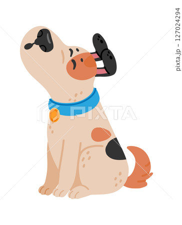 Cartoon dog with light brown fur and some dark brown spots is wearing a blue collar with a golden medal, it s sitting and howling with closed eyes, raising its snout 127024294