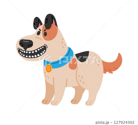 Happy cartoon dog standing proudly with a big smile, displaying its teeth, wearing a blue collar adorned with a shiny medal, set against a clean white background 127024302