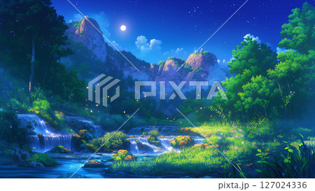 真夜中の山の川の風景、アニメ風 真夜中の山の川の風景、アニメ風 127024336