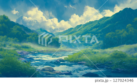 小雨が降る山の川の風景、アニメ風 小雨が降る山の川の風景、アニメ風 127024346