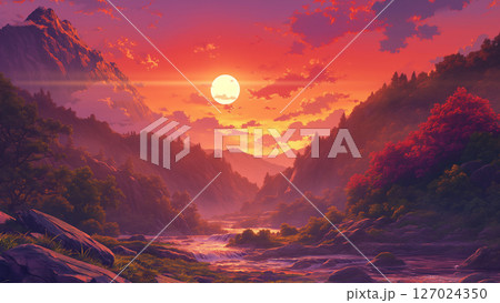 日が沈む山の川の風景、アニメ風 127024350