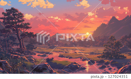夕日と山の川の風景、アニメ風 127024351
