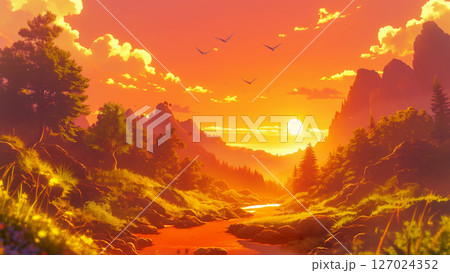 夕方の山の川の風景、アニメ風 127024352