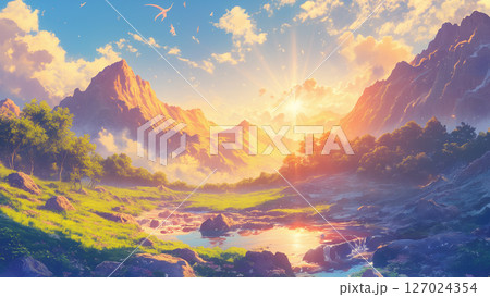 朝日が昇る山の川の風景、アニメ風 127024354