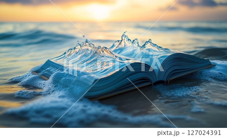 Open book with ocean waves on a beach at sunset, creative imagination concept Open book with ocean waves on a beach at sunset, creative imagination concept 127024391