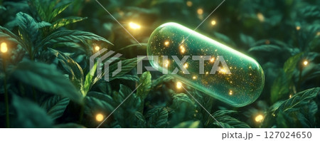 Glowing green capsule amidst lush plants at night, fantasy nature concept 127024650