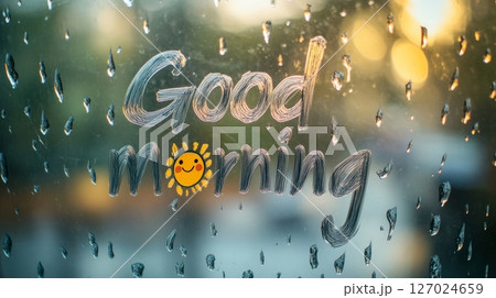 Raindrops on glass with good morning message and smiley sun, cheerful start concept Raindrops on glass with good morning message and smiley sun, cheerful start concept 127024659