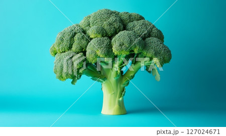 Fresh broccoli on turquoise background, minimalistic concept 127024671