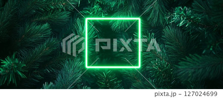 Glowing green neon frame on pine branches, futuristic nature concept 127024699