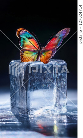 Colorful butterfly perched on ice cube against dark background. Contrast of nature and cold concept 127024714
