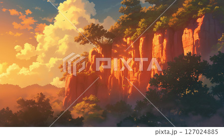 夕焼けの森の断崖絶壁の風景、アニメ風 夕焼けの森の断崖絶壁の風景、アニメ風 127024885