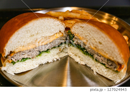 Homemade hamburger cut in half 127024943