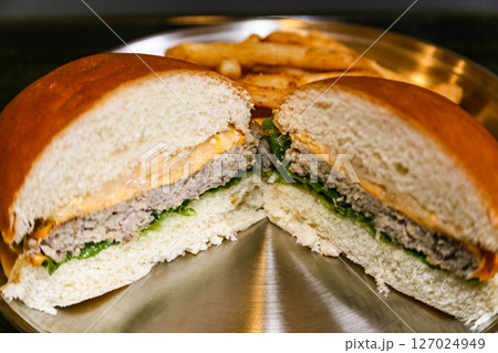 Homemade hamburger cut in half Homemade hamburger cut in half 127024949