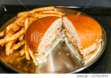 Homemade hamburger cut in half Homemade hamburger cut in half 127024953