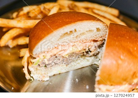 Homemade hamburger cut in half Homemade hamburger cut in half 127024957
