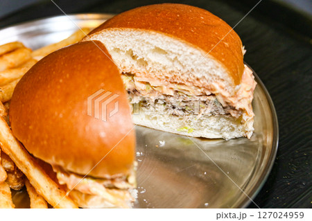 Homemade hamburger cut in half Homemade hamburger cut in half 127024959