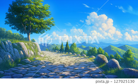 青空と石畳の道の風景、アニメ風 127025130