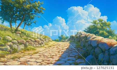 爽やかな晴れの日の石畳の道の風景、アニメ風 127025131