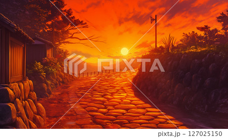 夕日の集落の石畳の道の風景、アニメ風 127025150