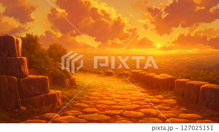 夕焼けの石畳の道の風景、アニメ風 127025151