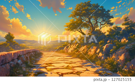 朝日が昇る石畳の道の風景、アニメ風 127025155